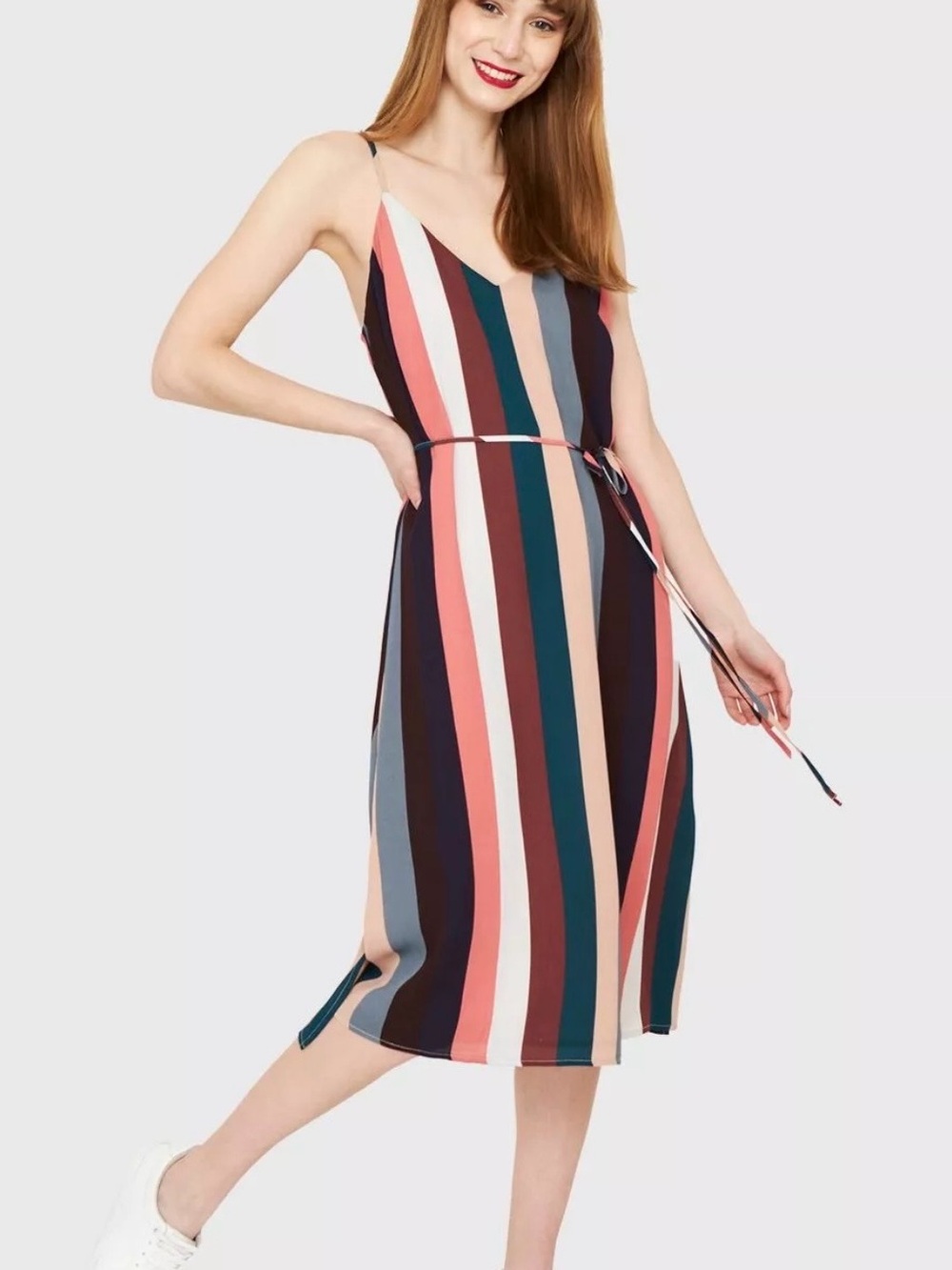 Lulu's Striped V-Neck Midi Dress in Teal, Coral, Navy, Blush & Cream